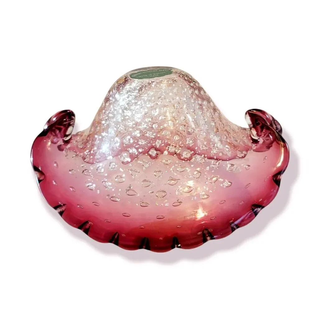 Vtg Murano Cranberry Red Cases Art Glass Bullicante Gold Fleck Bowl Dish Ashtray